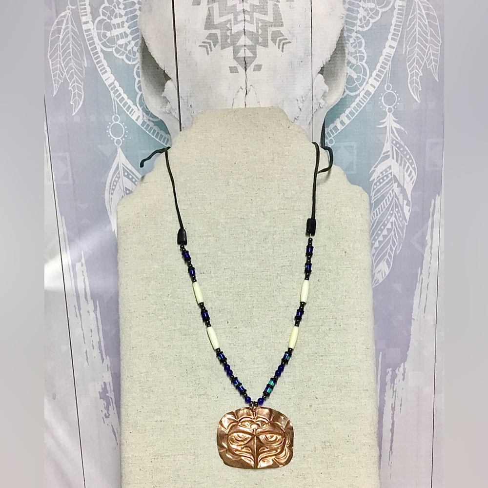 Handmade First Nations Tribal Copper & Beaded Leather Necklace